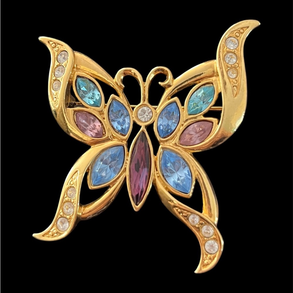 Vintage Butterfly Brooch Pin Gold Tone Blue Pink Purple Rhinestone 37